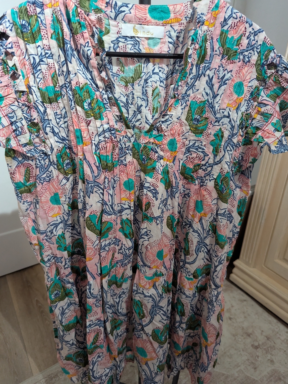 Indigo Floral V-Neck Midi Dress in Pink, Teal & Navy